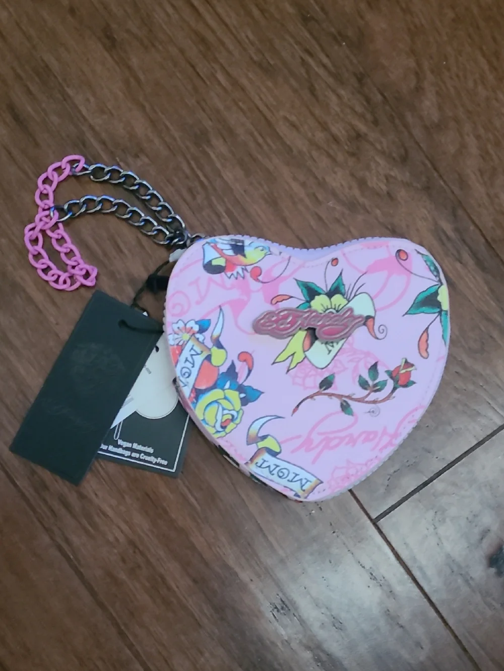 Ed Hardy Pink Heart-Shaped Tattoo Print Coin Pouch